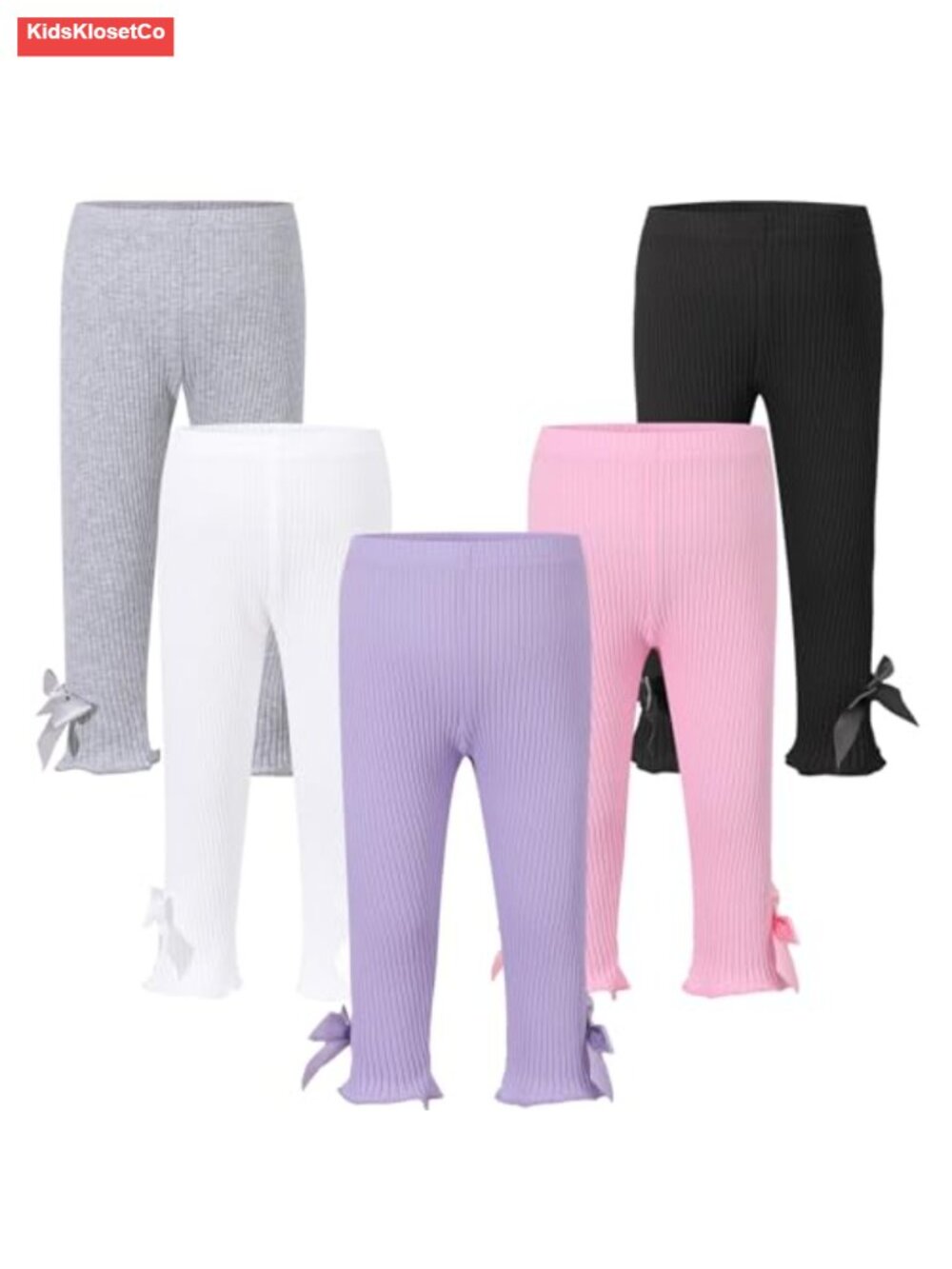 Toddler Girls Ribbed Leggings with Bow Cuffs, 5 Pack, Soft Cotton Blend
